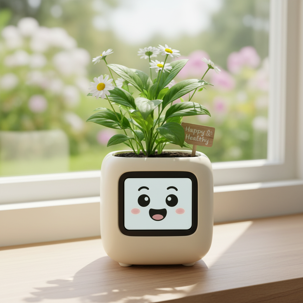 Planta creciendo en maceta inteligente con tecnología LCD